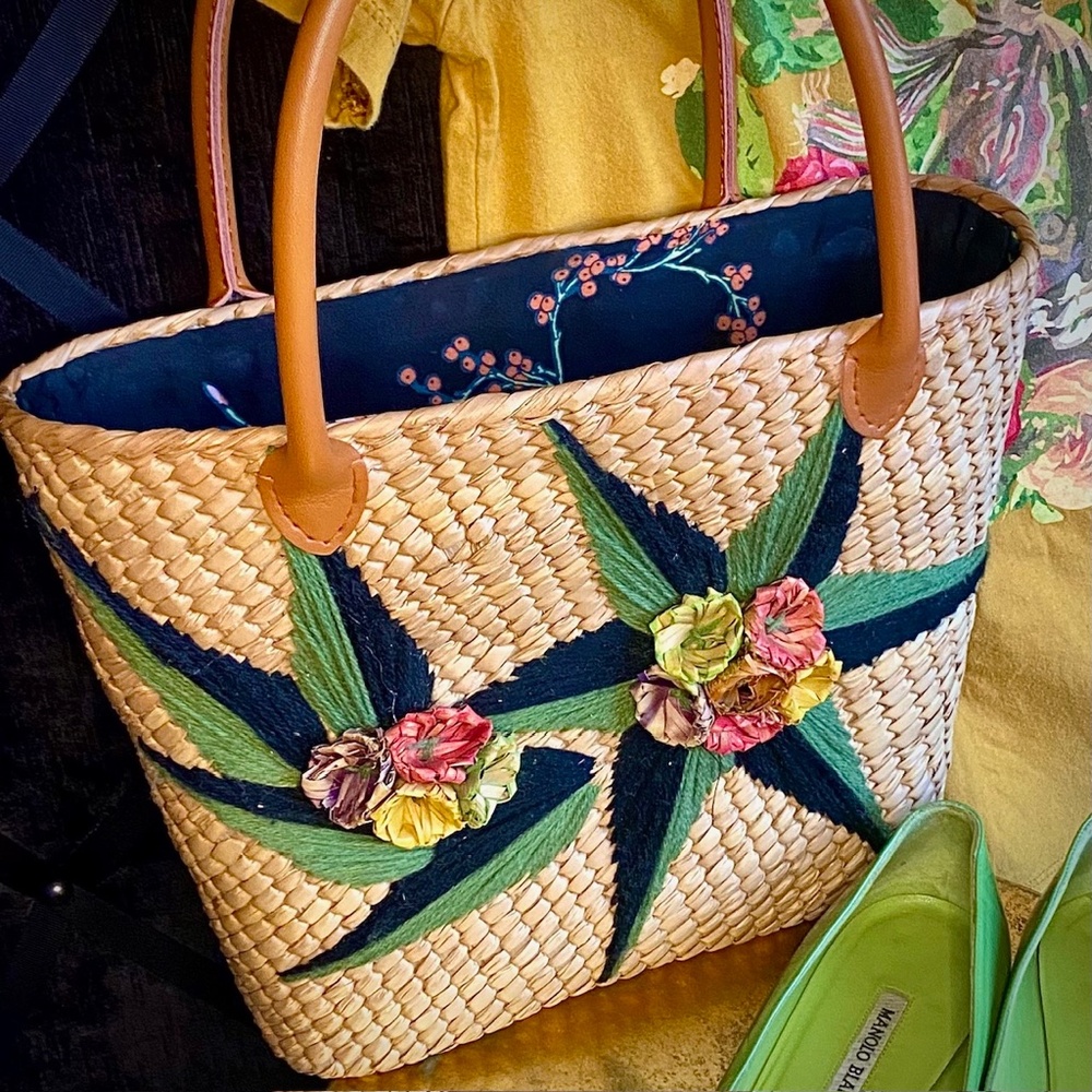 Embroidered Straw Tote Bag in Natural with Green Accents